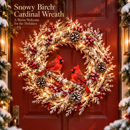 🔥 LAST DAY 49% OFF! ❤️ Snowy Birch Cardinal Christmas Wreath – Lighted Holiday Door Decor with Red Cardinals ✨