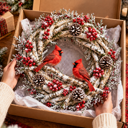 🔥 LAST DAY 49% OFF! ❤️ Snowy Birch Cardinal Christmas Wreath – Lighted Holiday Door Decor with Red Cardinals ✨