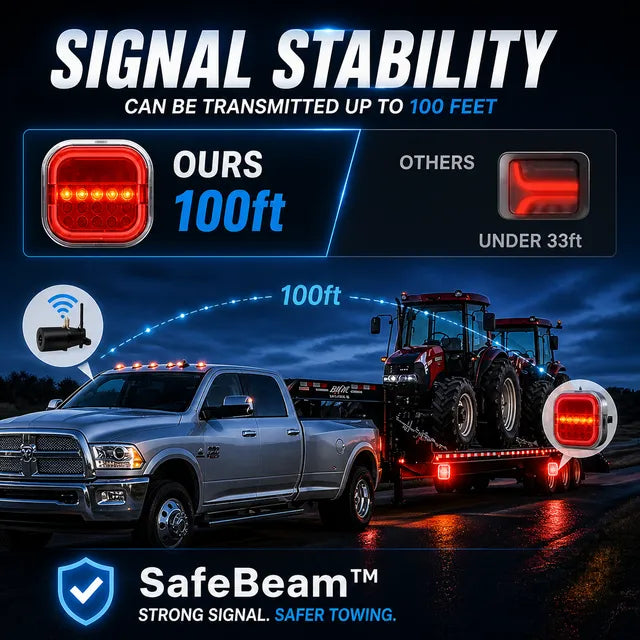 Wireless magnetic trailer lights advertised with signal transmission up to 100 feet