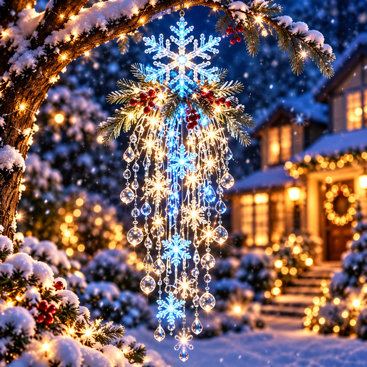❄️Christmas Snowflake LED Cascade Lights – Crystal Style Hanging Decor for Holiday