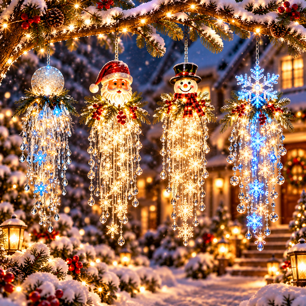 ❄️Christmas Snowflake LED Cascade Lights – Crystal Style Hanging Decor for Holiday