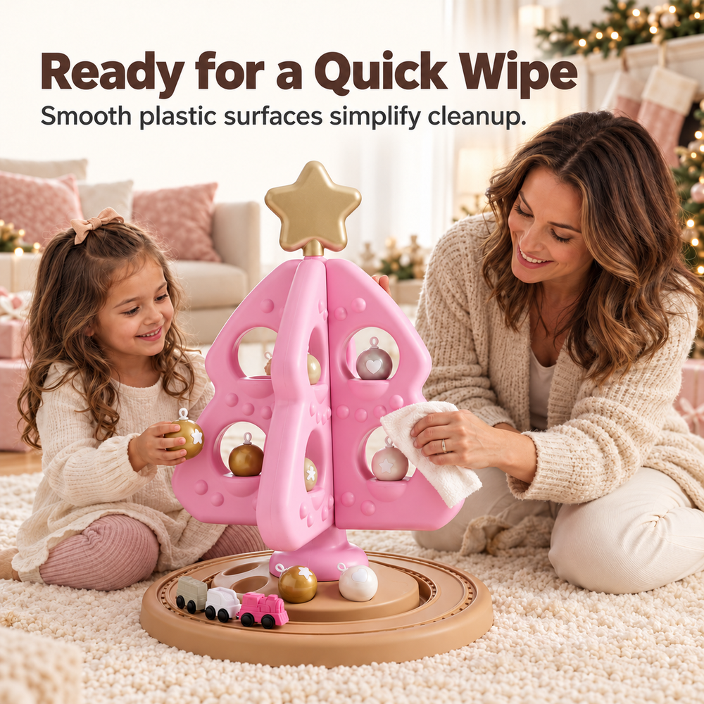 Parent wiping pink Christmas tree playset after use