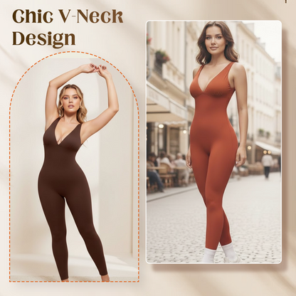 🌸High-Stretch V-Neck Jumpsuit – All-day ease for fitness & beyond. Breathable, flexible & effortlessly chic. Your go-to for movement. 🧘‍♀️💫