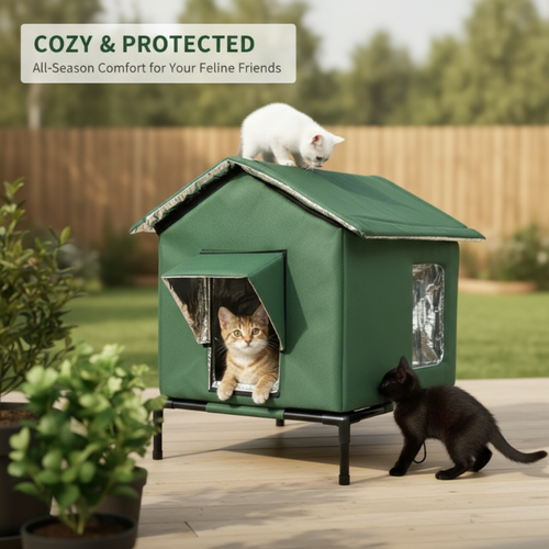 🎁🐈 All-Weather Elevated Outdoor Cat House – Waterproof Oxford Cloth, Thermal Aluminum Lining & Foldable Design 🌧️