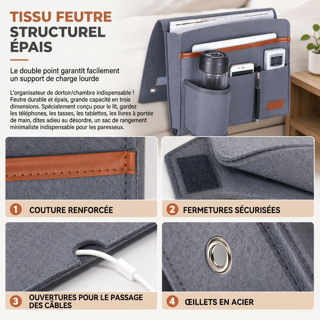 📢📢40 % DE RÉDUCTION !! ⏰Organiseur de Chevet en Feutre Minimaliste – Feutre Épais Structuré, Multi-Poches et Ancrage Stable sous Matelas