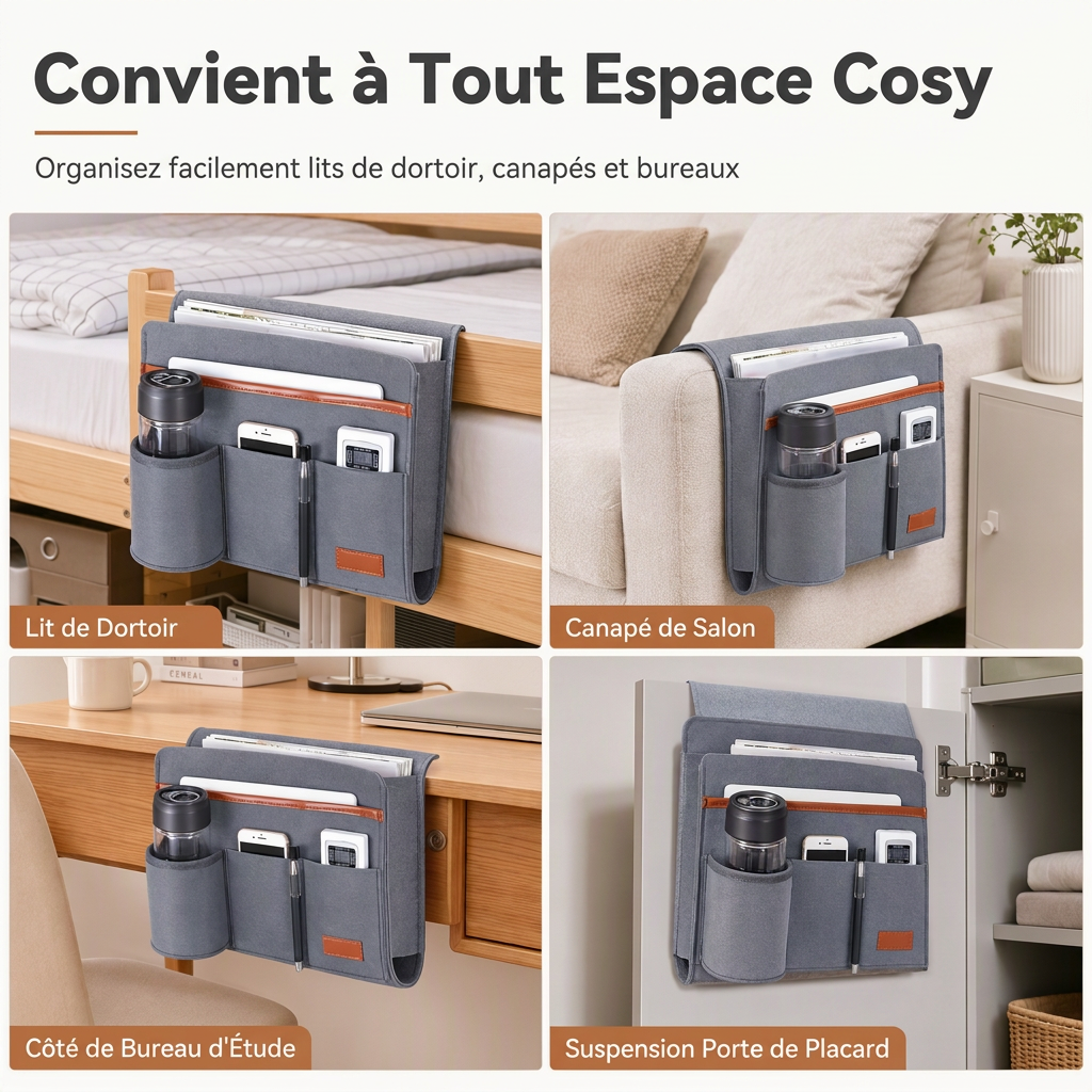 📢📢40 % DE RÉDUCTION !! ⏰Organiseur de Chevet en Feutre Minimaliste – Feutre Épais Structuré, Multi-Poches et Ancrage Stable sous Matelas