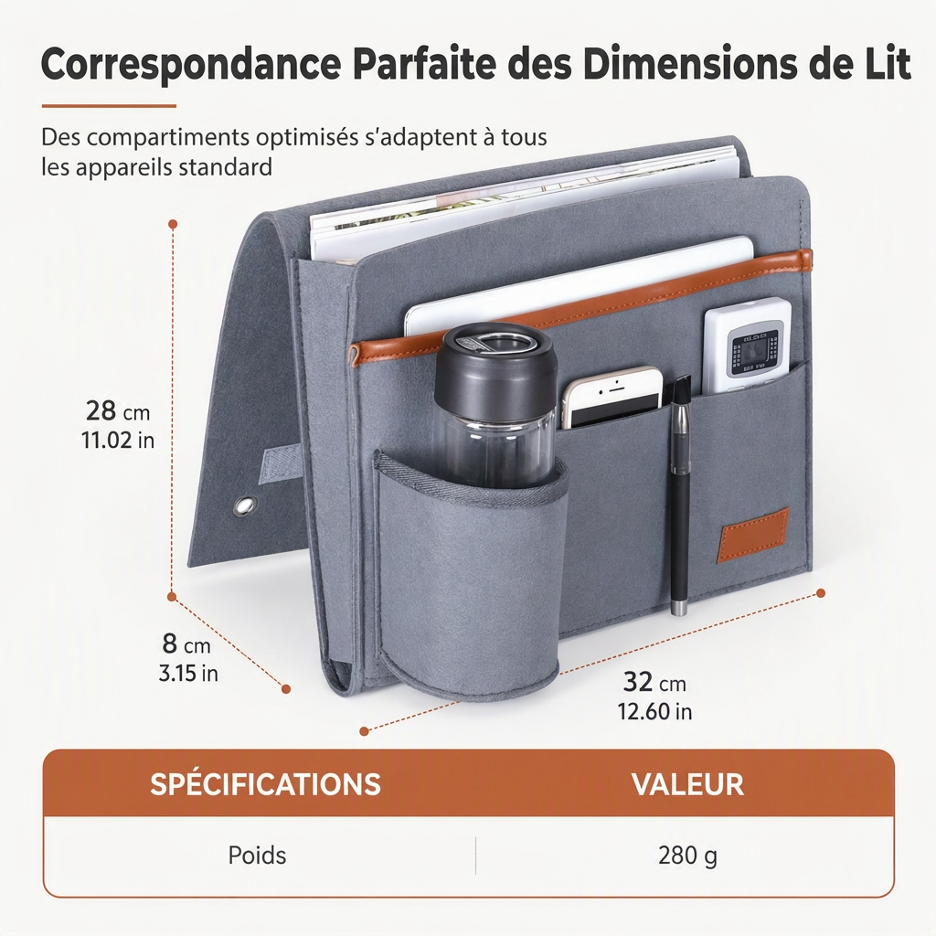📢📢40 % DE RÉDUCTION !! ⏰Organiseur de Chevet en Feutre Minimaliste – Feutre Épais Structuré, Multi-Poches et Ancrage Stable sous Matelas