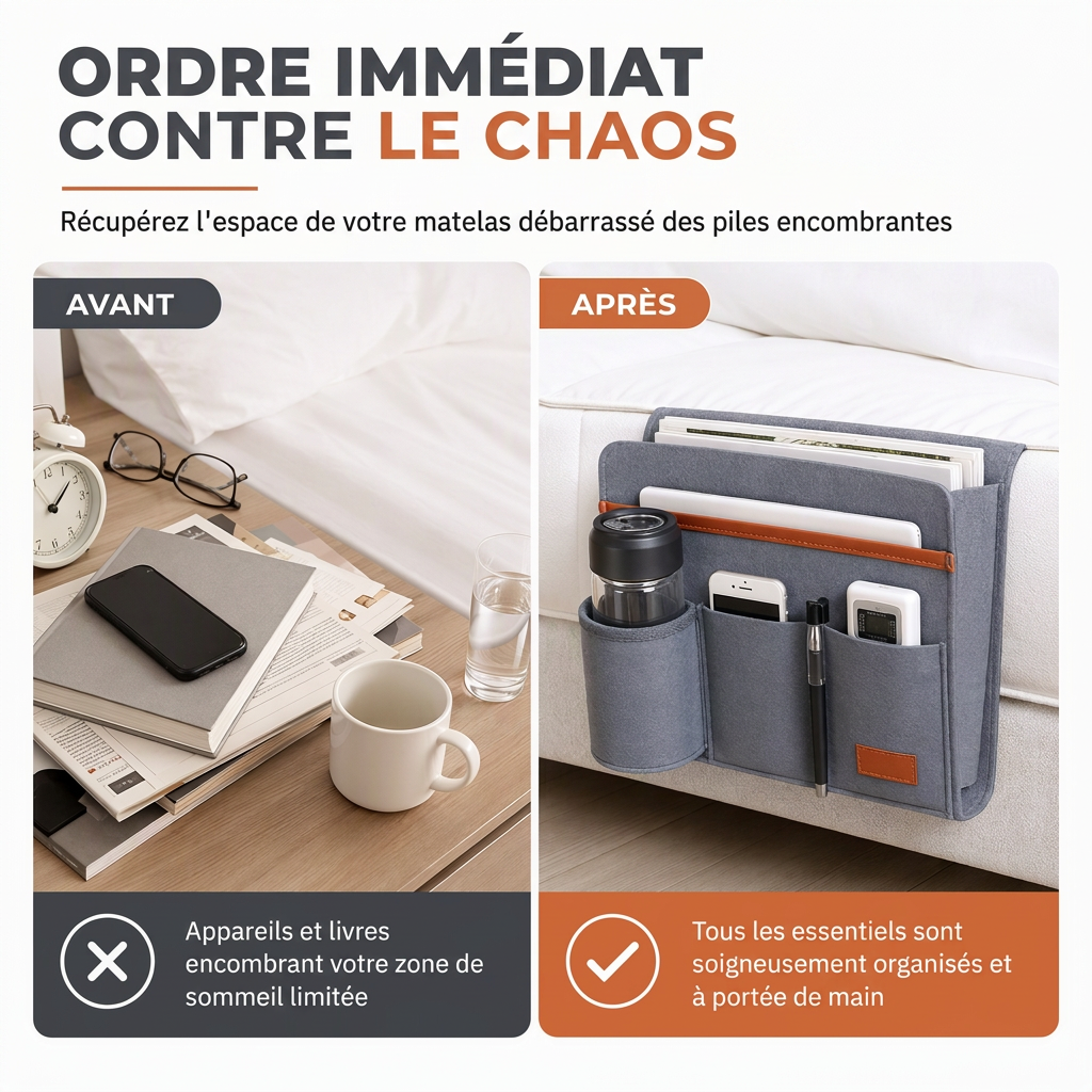📢📢40 % DE RÉDUCTION !! ⏰Organiseur de Chevet en Feutre Minimaliste – Feutre Épais Structuré, Multi-Poches et Ancrage Stable sous Matelas
