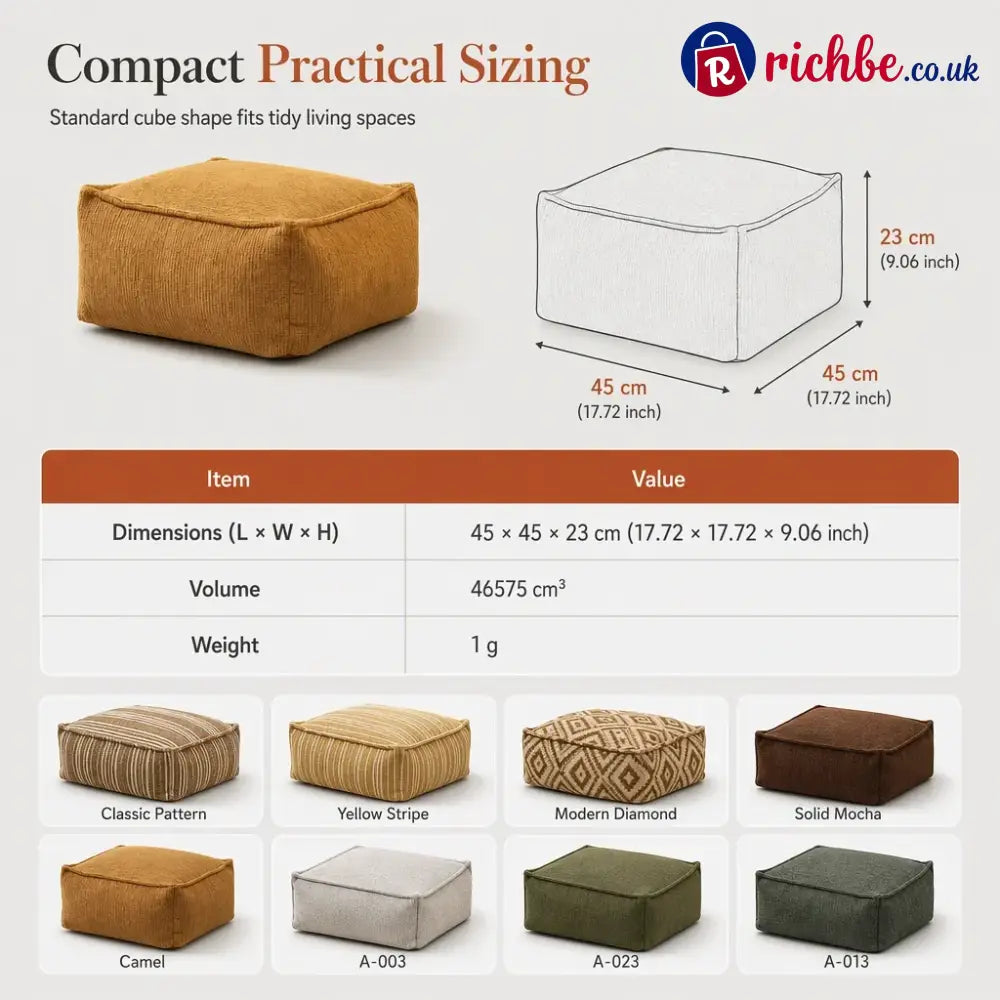Unstuffed Square Pouf Cover | Storage Ottoman Slipcover for Living Room, Bedroom & Clothes Storage, Washable 45x45x23cm