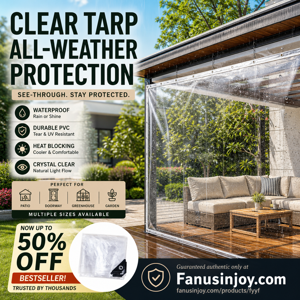 ☀️ Heavy-Duty Clear PVC Tarp – 14 Mil Transparent Outdoor Cover